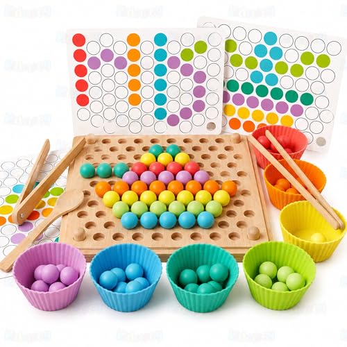 Image of Kidology Wooden Color Sorting Bead Toy | Color Matching, Sorting, and Counting Board Puzzle with 77 Colorful Beads, Cups, and Pattern Cards Toy for Babies and Toddlers
