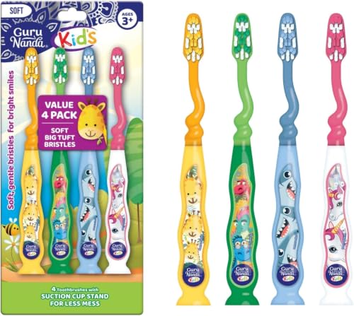 Image of GuruNanda Kids Toothbrush with Suction Cup & Fun Animal Designs - Soft Bristles for Healthy Gums- Non-Slippery & Mess-Free Toothbrush, 3+ Age- 4 Count (Pack of 6)