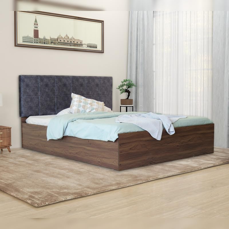 Image of Amazon Brand - Solimo Bed | 1 Year Warranty | Double Bed, Queen Size, Prana Premium Upholstery, Comfortable Seating Height Bed, Non-Woven Base & 3mm MDF, Walnut Colour (Melamine Finish)