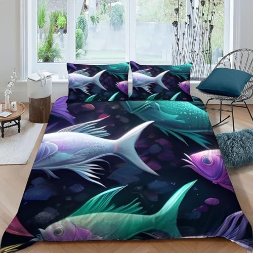 Housse de couette poisson vert imprimé 3D écailles microfibre - 3