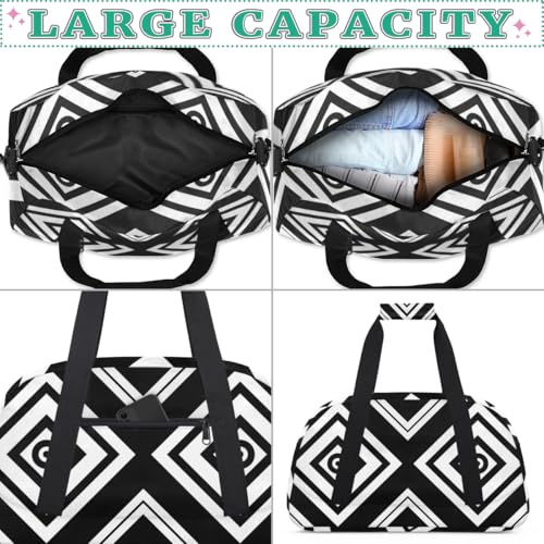 Diamond Square Black White Stripe Personalized Duffel Bag Weekend Overnight Travel Bag Sports Waterproof Gym Bag Lightweight Dance Bag 5