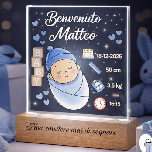 SBUGATTA - Regalo Neonato Maschio Personalizzato – Lampada LED con