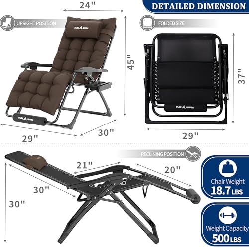 Image of UDPATIO Oversized Zero Gravity Chair Patio Reclining Chairs with Cushion | 29In Outdoor Folding Recliner with Pillows,Cup Holder, Foot Rest, Detachable Pad, Locking Brown Grey-xl