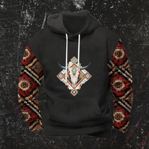 Men's Western Aztec Sweatshirts Ethnic Print Graphic Patchwork Hoodies Casual Pullover Tops with Drawstring Pocket4
