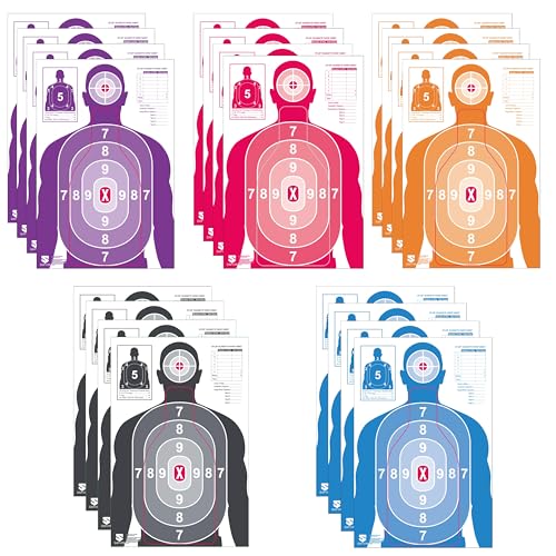 SAFVIN 10 Pack 23x35 Shooting Range Paper Targets, 5 High-Contrast Colors Silhouette Sheets with Scoring Table, B27E Style for Pistol, Rifle, BB & Airsoft, Indoor Outdoor Targets