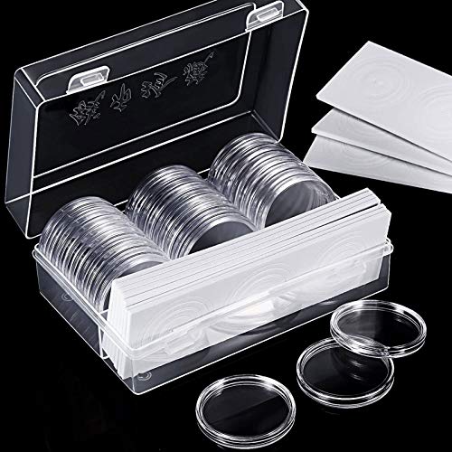 60 Pieces 46 mm Coin Capsules Holder and 8 Sizes (17/20.5/25/27/30/32/40/46mm) Protect Gasket Coin Holder Case with Plastic Storage Organizer Box for Coin Collection Supplies
