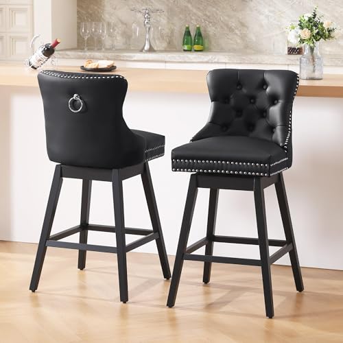 Image of Counter Height Bar Stools, Faux Leather 360 Swivel Bar Stools with Back, Upholstered Tufted Counter Height Chairs, Solid Wood Legs, (Black, 26 inch H Seat, Set of 2)