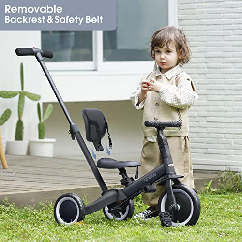 Image of newyoo Toddler Bike, Tricycle w Push Handle for 1-3 Year Old, Birthday Gifts and Toys for Boy's and Girl's Birthday, Convertible 5 in 1 Baby Balance Bike, Kids Outdoor Riding Toys, Black, TR007