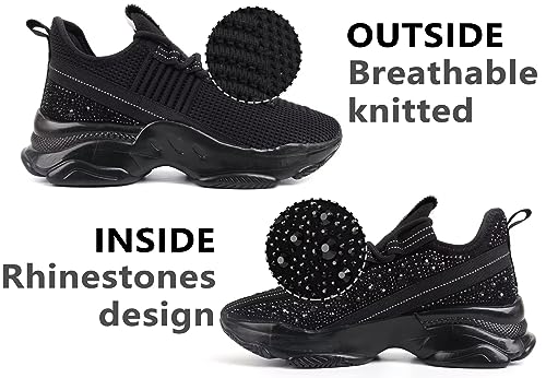 Maiitrip Rhinestone Sneakers For Women,Glitter Mesh Knit Sparkly Shoes,Chunky Bling Sneakers Dressy,Slip On Walking Shoes,Jelly Sole,Black,Size 8 #TOP1