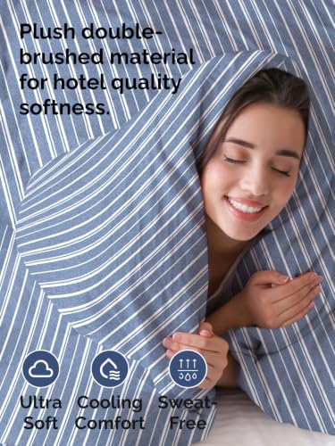 Image of Duvet Cover King Size - 3 Piece Set with Zipper Closure - Blue Stripes | Extra Soft King Duvet Cover 104 inch x 90 inch with 2 Pillow Shams, Hotel Luxury w / Zipper Closures & Ties, Comfy & Breathable, Comfy