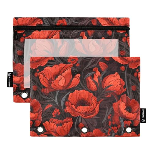 Wudan Lot de 2 trousses à crayons étanches et recyclées avec 3 anneaux Motif fleurs rouges, Fleurs rouges abstraites pays, one sizex2