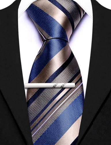 Image of Barry.Wang Silk Men Ties Formal Stripes Necktie and Tie Clip for Wedding Party Business Fashion Classic