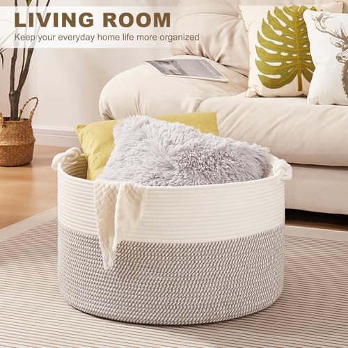 OIASKET Large Blanket Storage Basket for Living Room, 22.8" x 22.8" x 13" Woven Cotton Rope Basket with Handles, Baby Toy Storage, Laundry Hamper for Clothes, Pillows, Towels-Grey and White by OIASKET - Image 2