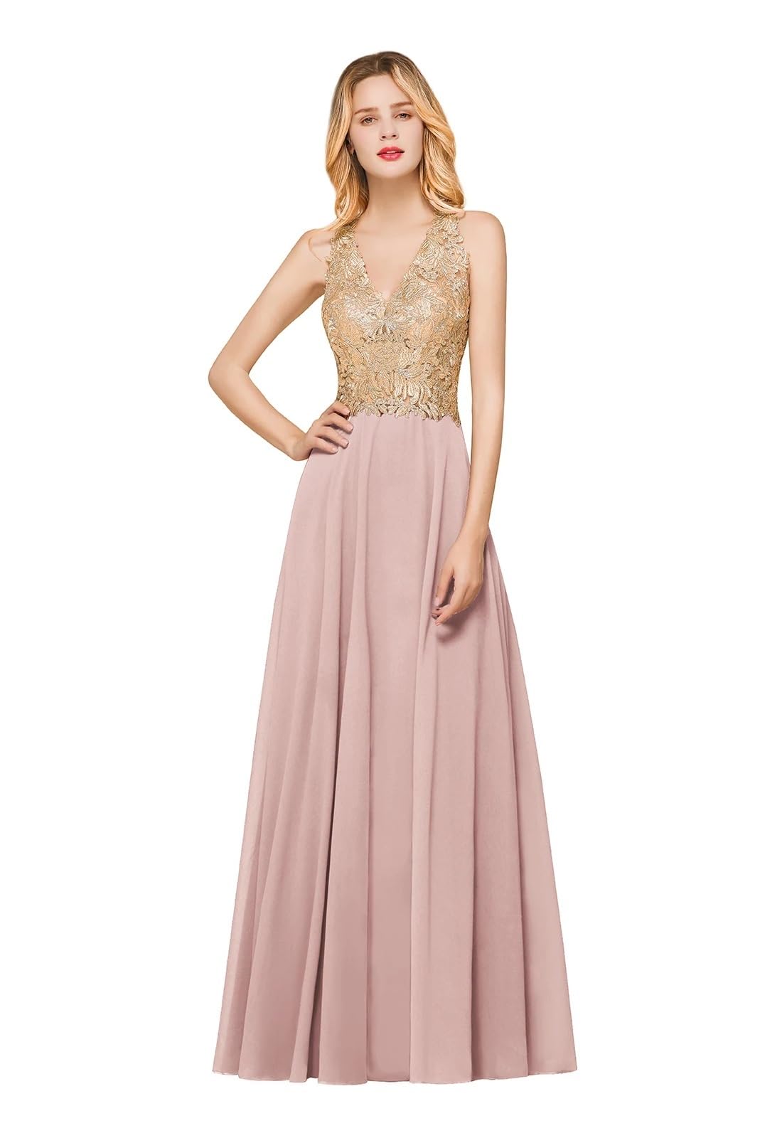 Vestido Dama de Honor Apliques de Encaje Dorado, una línea Vestidos Dama Honor Gasa con Cuello en V, Largos y Elegantes for Fiesta Boda graduación para la Boda