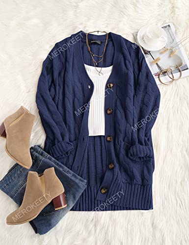 Merokeety Women's Long Sleeve Cable Knit Sweater Open Front Cardigan Button Loose Outerwear Navy #TOP5
