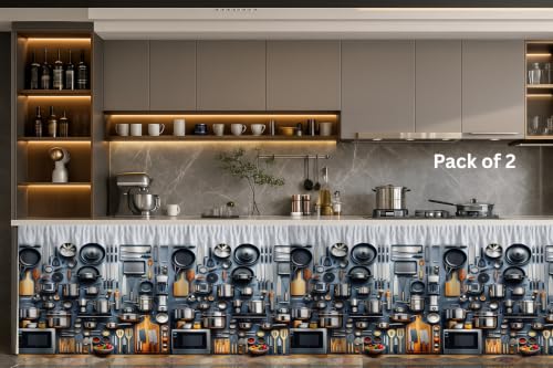 Image of Under Sink & Counter Curtain for Modular Kitchen - Printed Fabric Rod Pocket Hanging Skirt, Washable Under-Counter Cover, Pack of 2 Panels (Each Panel: 150 x 70 cm) (Vasan)