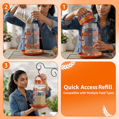 Image of Amazon Basics Hanging Bird Feeder | 500 g Capacity (Set of 2) | Multiple Feeding Ports | Weather-Resistant Food-Grade Plastic | Brown
