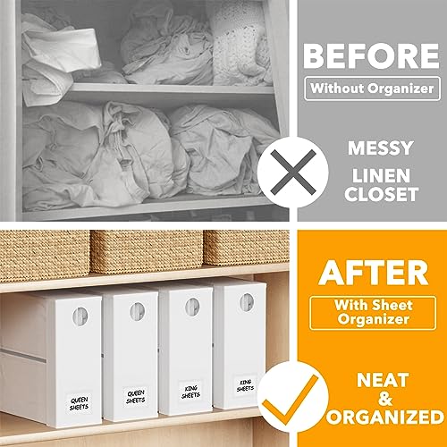 Image of SpaceAid 4 Pack Bed Sheet Organizers and Storage, Foldable Sheet Organizer for Linen Closet, Sheets Set Folder Keeper with Window XL (Queen & King Size) Organizing Bedding Container, White