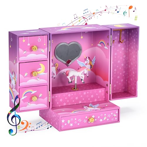 jewelkeeper unicorn musical jewelry box with 4 drawers - princess jewelry boxes for little girls - storage for rings, necklaces, earrings - accessories organizer for teens
