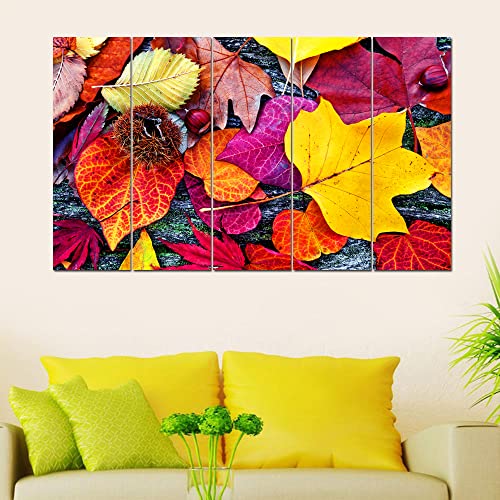 Image of Maxstone Beautiful Leaves Wall Painting Multicolour Leaf Wall Painting for Living Room, Bedroom, Office, Hotels,Drawing Room Wooden Framed Digital Painting (30x60 inch) M1168
