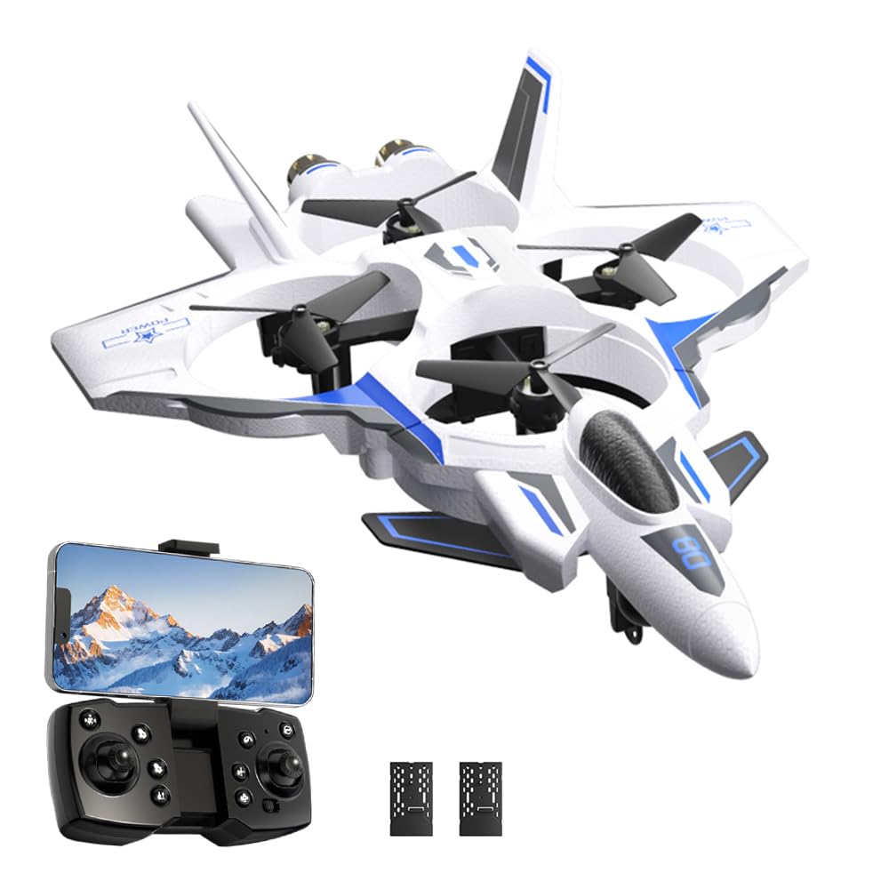 RC Fighter Jet, RC Plane 2.4GHz 4CH Remote Control Airplane with Camera, Foam RC Aircraft Glider with 3D Flip, Altitude Hold, Headless Mode, 2 Batteries, Easy to Fly for Adults (Blue)