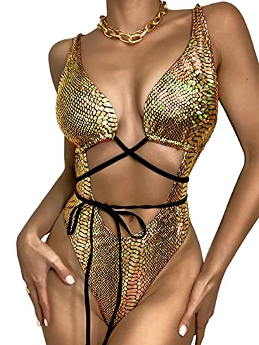 Zeelina Damen Sexy PU Schlangenhaut Einteiler Badeanzug Tie Front Cut Out Badeanzug Rückenfrei Monokini Bademode, gold, Medium Cover