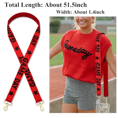 Image of Beaded Purse Strap Football Game Day Purse Strap Stadium Clear Handbag Replacement Straps Red Black Crossbody Bag Strap Football Accessories Game Day Outfits (Red Black)