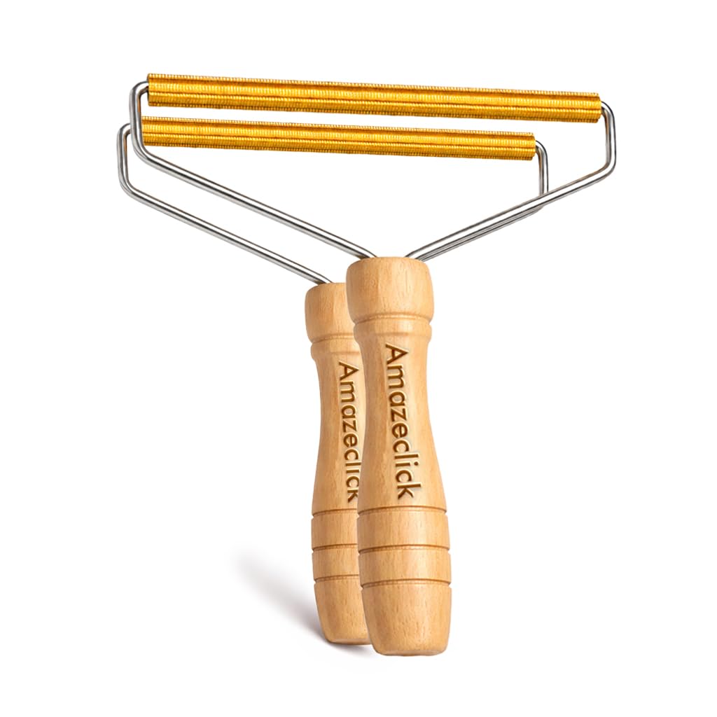 Amazeclick Lint Remover for Clothes, Wooden Fabric Shaver for Sweaters, Couch & Carpet, Reusable Copper Blade Fuzz Remover