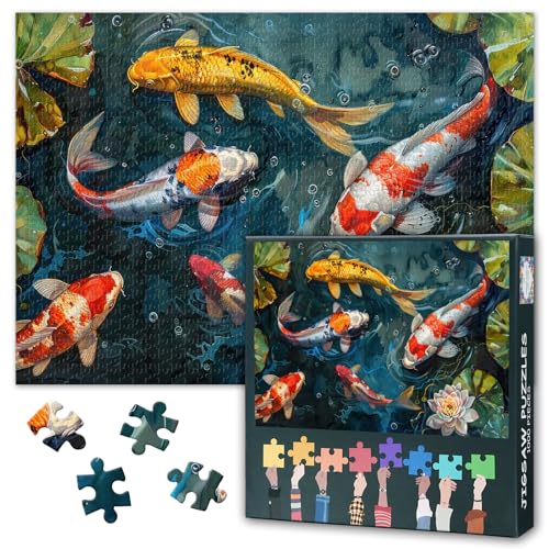 1000 peças Koi Pez puzzle puzzle para adultos decoração de casa quebra-cabeças difíceis para adultos peixes coloridos em Koi Pond puzzle presentes para jogos familiares festa noturna 50 cm x