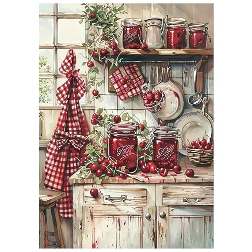 SHEGZHUC Pintura de diamante para cocina, cereza, 30 x 40 cm, diseño de cocina, color rojo, mermelada de cereza, pintura de diamantes, pintura de diamantes, arte, bordado, punto de cruz, imágenes,