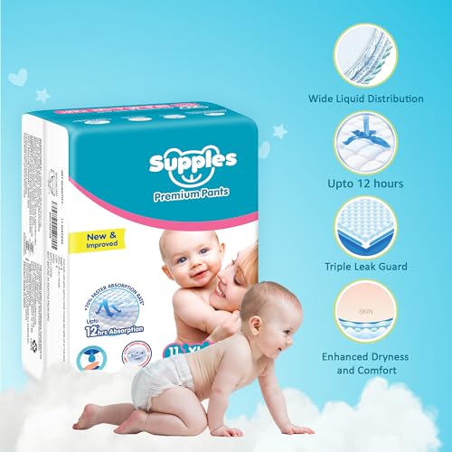 Image of Amazon Brand - Supples Premium Baby Diaper Pants | 11 Baby Diapers | XL | 12-17 Kg | 12 Hrs Absorption | Cushiony Cotton Soft Fabric | Phthalates-Free | Triple Leak Guard