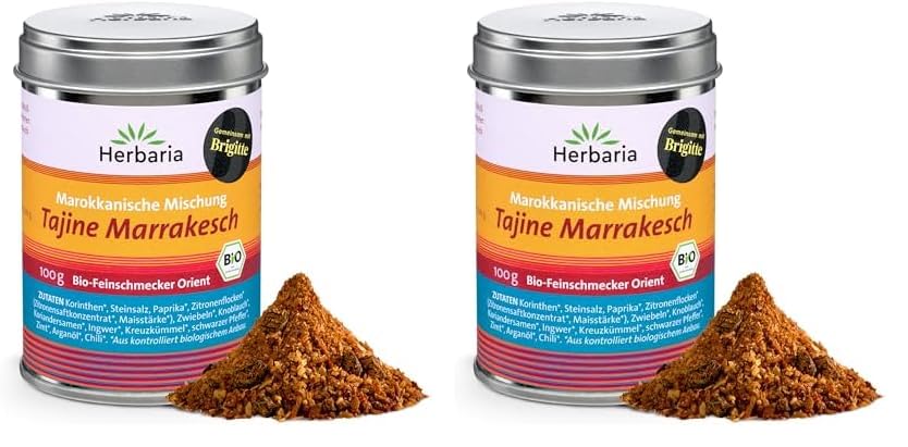 Herbaria Tajine Marrakesch bio 100g M-Dose - fertige Bio-Gewürzmischung für marokkanische Tajine-Gerichte mit erlesenen Zutaten - in nachhaltiger Aromaschutz-Dose (Packung mit 2)