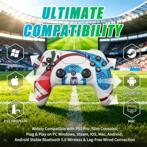 Image of YUYIU LED Wireless Controller for PS5 /Pro /Slim /PC, Hall Effect Joysticks & Triggers /Macro /Turbo /6-Axis Gyro /Dual Vibration /3.5mm Audio Jack /1500mAh Battery Gamepad with Speaker (Sports Colors)