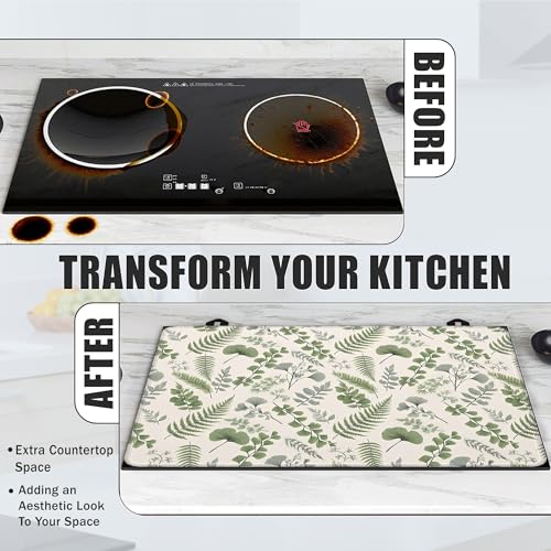 Image of Green Herb Leaves Glass Top Stove Cover Protector,Spring Botanical Leaf Heat Resistant Stove Top Cover, Large Size Range Covers for Electric Stove Countertop Mat, 28 x 20 Inch