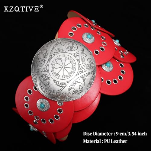 Image of XZQTIVE Western PU Leather Belts for Woman Concho Cowgirl Cowboy Disc Belt for Ladies Wide Boho Country Waist Belts for Dress