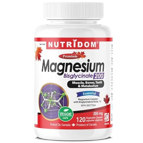 Nutridom Magnesium Bis-Glycinate 200mg - Chelated Magnesium Supplement for Bones, Teeth, Muscles, Metabolism - Non-GMO, Gluten Free, Soy, Dairy and Eggs Free, (120 Vegetable Capsules)