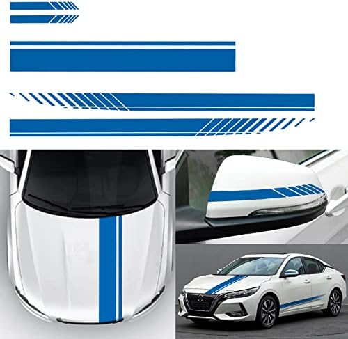 SUNJIKA Vinyl Car Side Mirror and Hood Decal Racing Stripes Sticker Accessories Set Long Stripe Graphics Body Sports Decals Universal Car Vechine DIY Modify Decoration 5PCS (Blue）
