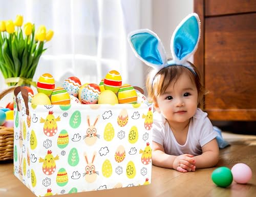 Image of Rectangle Empty Easter Baskets Boy Large Toy Storage Bin Girls collapsible Hamper Waterproof Canvas Box Kid Gifts Spring Decor( Glasses Rabbit Egg )