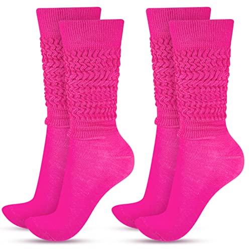 JenPen 2 Pairs 80s Neon Women's Slouch Socks Extra Long Heavy Scrunch Knee High Sock Thick Scrunchie Socks Size 9 to 10