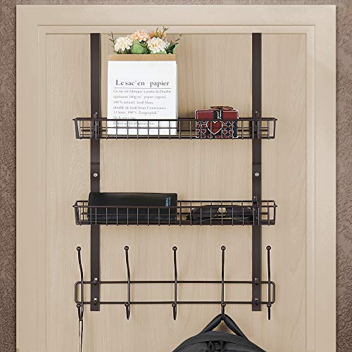 Over The Door Hook with 2 Baskets 5-Hook Coat Rack Bathroom Door Organizer for Bedroom Pantry Laundry Kitchen Dark Brown