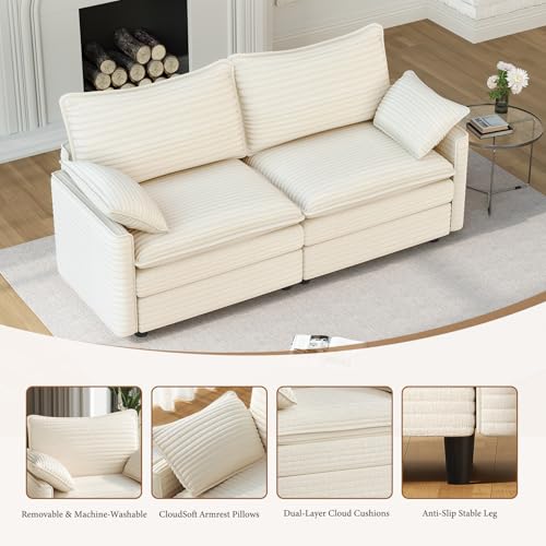 Image of Vesgantti 74 inch Loveseat Sofa for Living Room, Comfy Cloud Couch Deep Seat Corduroy Modern 2 Seater Small Sofa with Armrest Pillow, Easy Assembly for Small Spaces, Beige