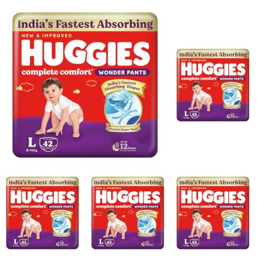 Image of Huggies Complete Comfort Wonder Pants | Pant Style Baby Diapers Large Size (L), 42 Count | India's Fastest Absorbing Diaper, Prevents Diaper Rash, Ideal for 9 to 14 Kgs (Pack of 5)