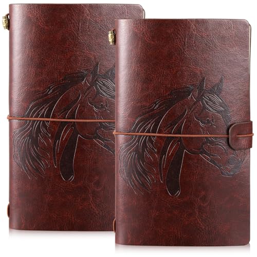 Colarr 2 Pcs Horse Leather Notebook Refillable Sketchbook, Travel Diary, Lined Planner Stuff Birthday Christmas Gifts for Equestrian Enthusiasts Men Women Girls, 7x5 Inches