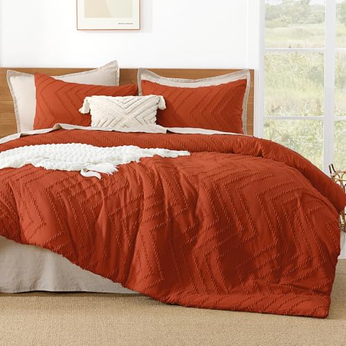 Image of Litanika Boho Queen Comforter Set, 3 Pcs Orange Lightweight Bedding Set