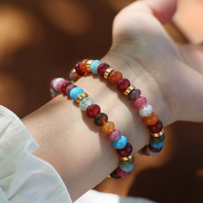 Natural Energy Stone Beaded Bracelet, Handmade Agate Gemstone Stretch Bracelet for Women, Boho Healing Crystal Beads Jewelry for Good Luck & Protection (A) - Image 7