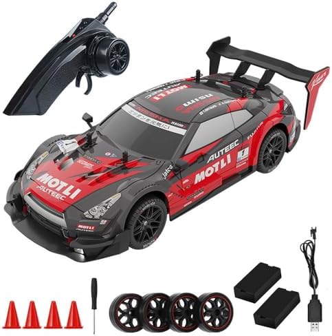 RC Drift Car, 1:14 Scale 4WD 40KM/H High Speed RC Racing Car, 2.4GHz Remote Control, LED Lights, 2 Batteries, Drifting & Racing Tires for Kids & Adults, Red