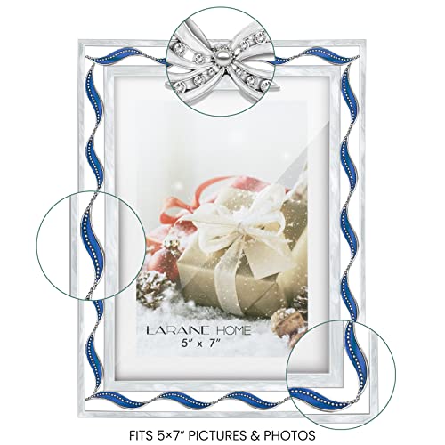 Laraine Picture Photo Frame 5X7 Metal Ribbon Bow Rhinestones High Definition Glass Display Pictures For Tabletop Home Decorative Holiday Gift (Blue) #TOP3