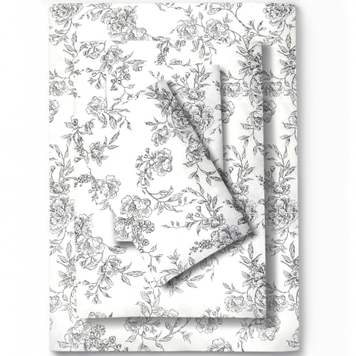 Image of Feather & Stitch Printed 500 TC Split King Size Sheet Set, 5 Piece Bed Sheets Set, 2 Twin Fitted Sheet, 1 King Flat Sheet & 2 King Pillowcases, 18 inch Deep Pockets Sateen Weave - Grey Floral Toile
