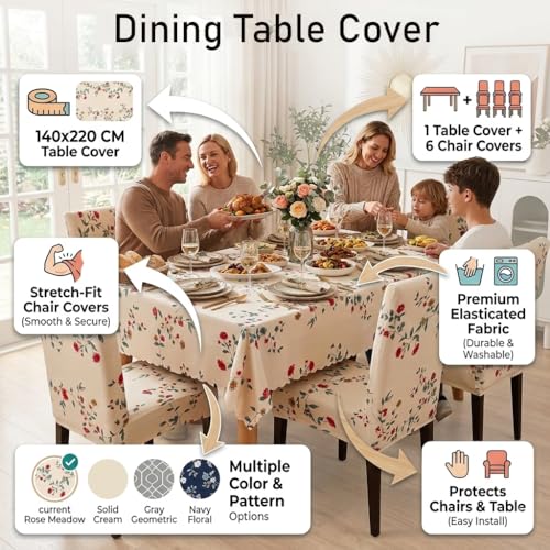 Image of Styleys Dining Chair Cover with Table Covers for Kitchen Waterproof Dining Table Cloth (1 Table Cover + 6 Chair Cover, Beige Tulip Flower, CTSD3128)