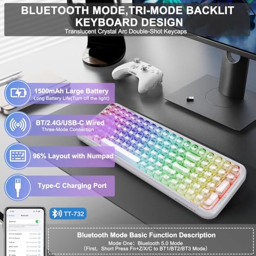 Image of FOPETT Wireless Computer Keyboard with RGB Backlit, Tri-Mode Bluetooth 5.0 /USB-C /2.4GHz Ergonomic Gaming Keyboard - Full-Size Rechargeable Transparent Keycap for Laptop /Windows /PC - White